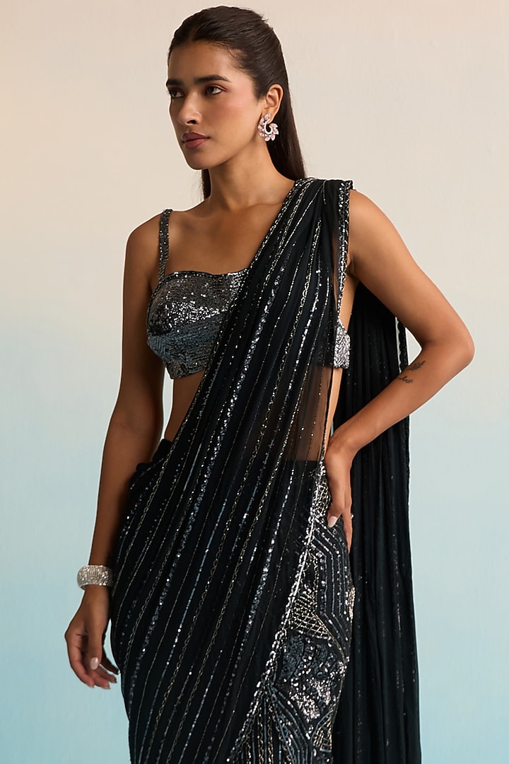 Black Georgette Hand Painted Pre-Draped Skirt Reception Saree Set by House of Armuse at Pernia's Pop Up Shop