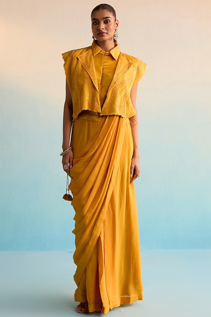 Yellow Crepe Cutdana Embroidered Pre-Draped Skirt Party Wear Saree Set by House of Armuse at Pernia's Pop Up Shop