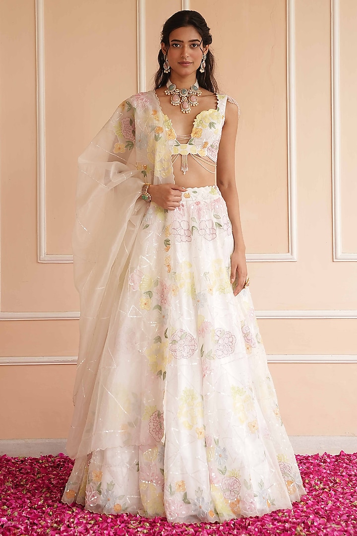Ivory Organza Hand Painted Bridal Lehenga Set by House of Armuse at Pernia's Pop Up Shop