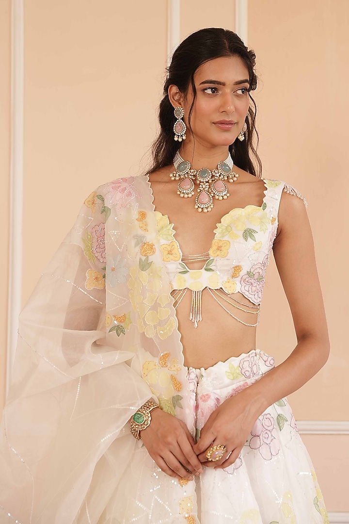 Ivory Organza Hand Painted Bridal Lehenga Set by House of Armuse at Pernia's Pop Up Shop