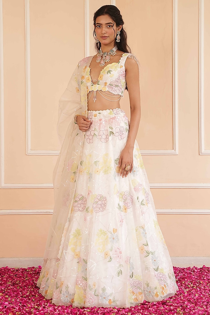 Ivory Organza Hand Painted Bridal Lehenga Set by House of Armuse at Pernia's Pop Up Shop