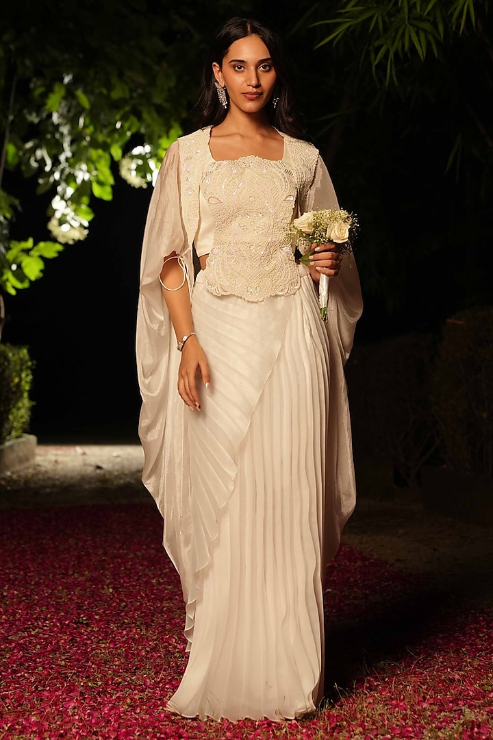 Ivory Malai Silk Draped Skirt Wedding Saree Set by House of Armuse at Pernia's Pop Up Shop