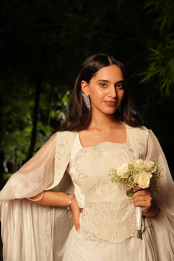 Ivory Malai Silk Draped Skirt Wedding Saree Set by House of Armuse at Pernia's Pop Up Shop