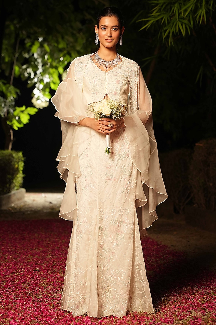 Ivory Organza Draped Skirt Set by House of Armuse at Pernia's Pop Up Shop