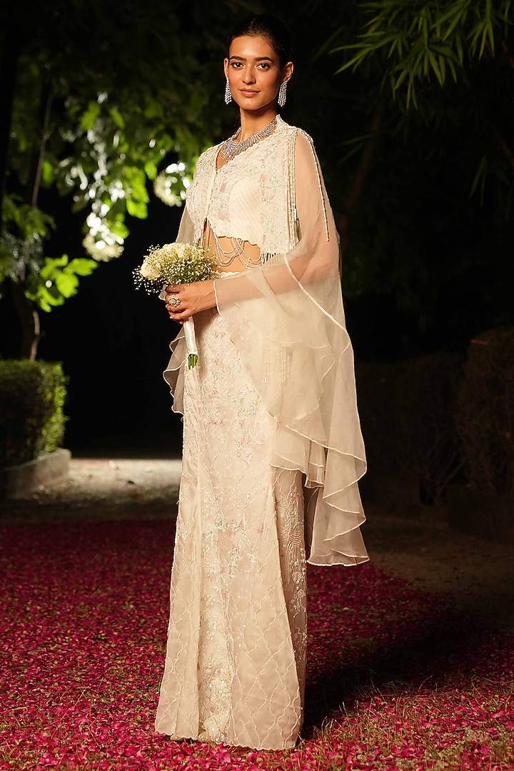 Ivory Organza Draped Skirt Set by House of Armuse at Pernia's Pop Up Shop