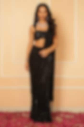 Black Chiffon Embellished Pre-Draped Reception Saree Set by House of Armuse at Pernia's Pop Up Shop