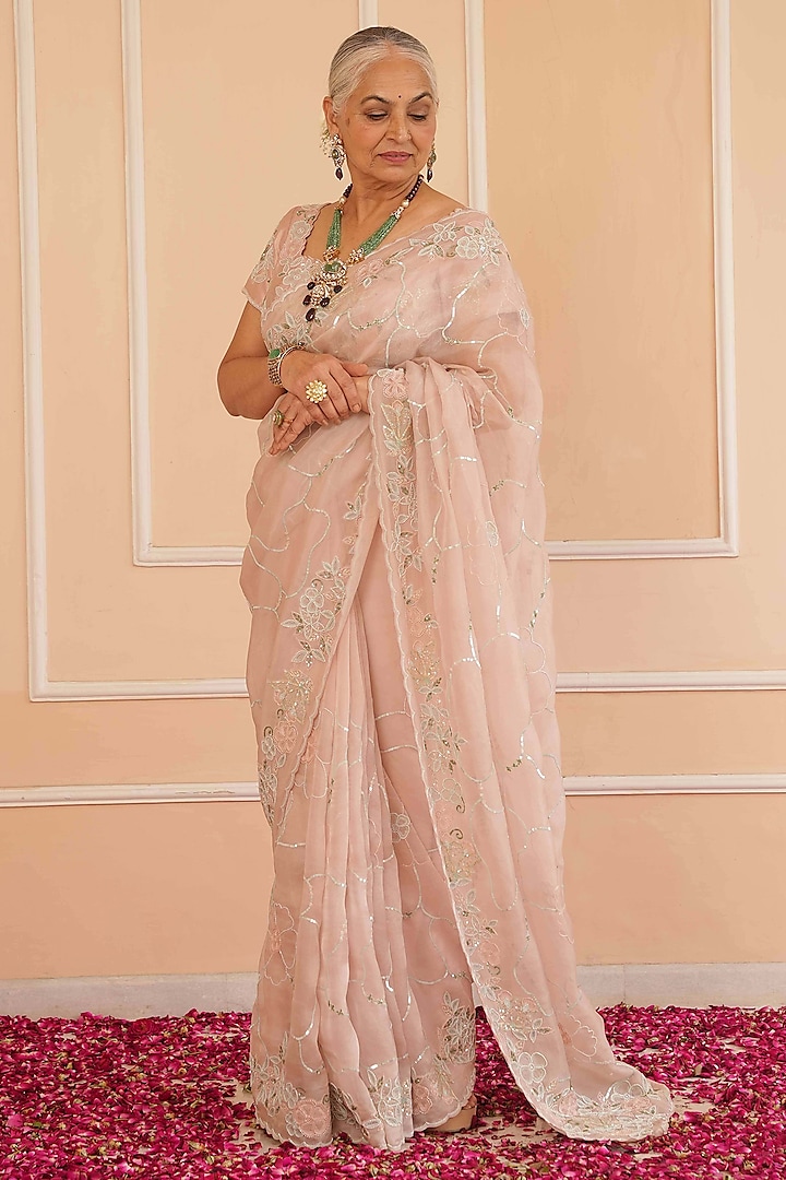 Blush Pink Organza & Net Embroidered Wedding Saree Set by House of Armuse at Pernia's Pop Up Shop