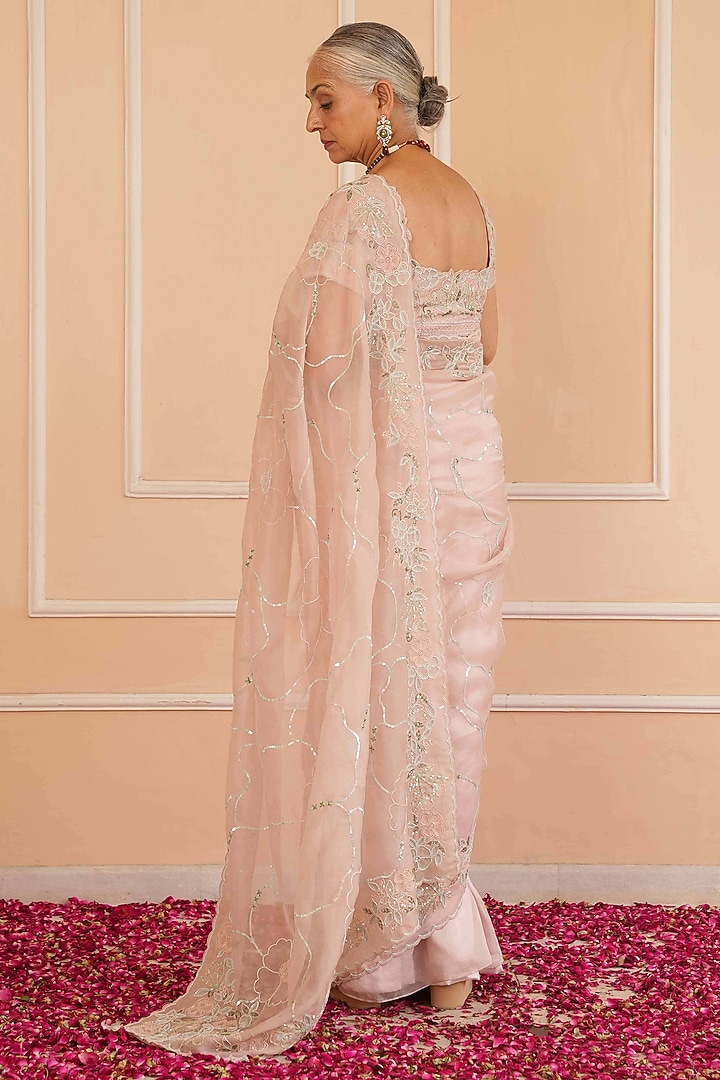 Blush Pink Organza & Net Embroidered Wedding Saree Set by House of Armuse at Pernia's Pop Up Shop