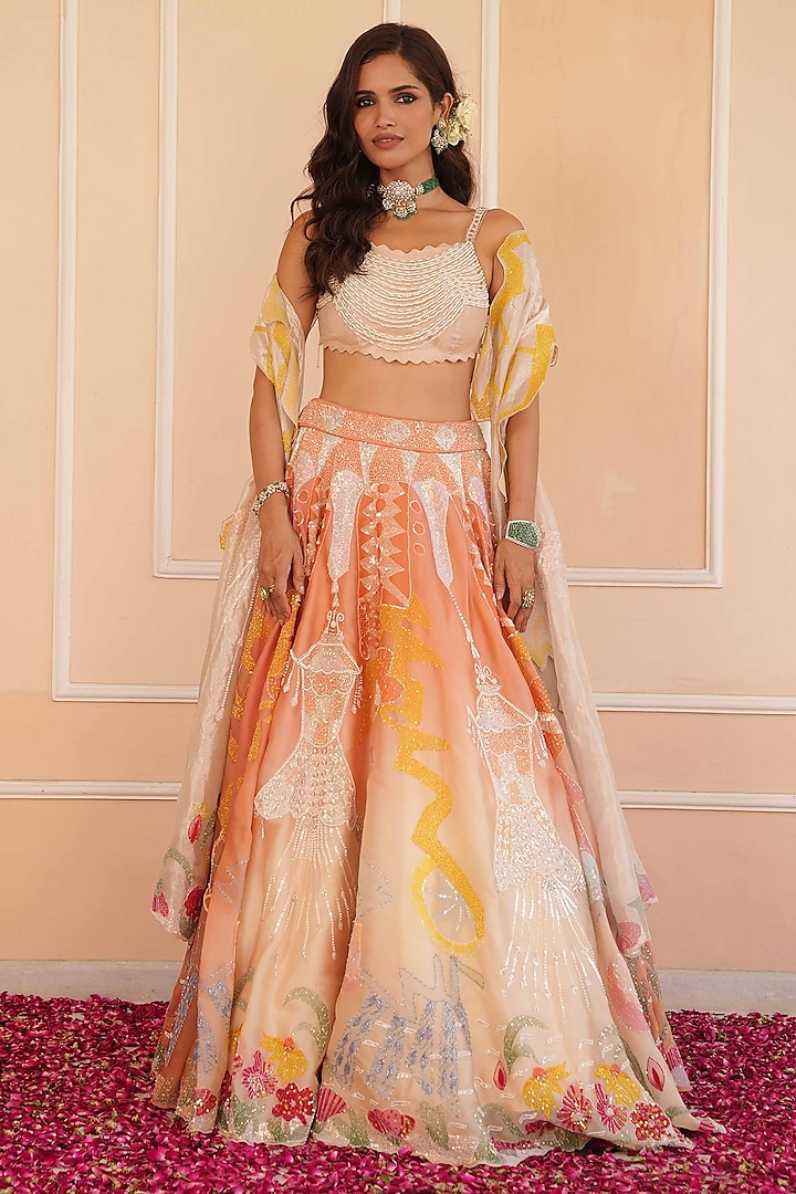 Orange Shaded Satin Organza Hand Embroidered Bridal Lehenga Set by House of Armuse at Pernia's Pop Up Shop