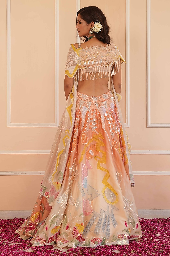 Orange Shaded Satin Organza Hand Embroidered Bridal Lehenga Set by House of Armuse at Pernia's Pop Up Shop