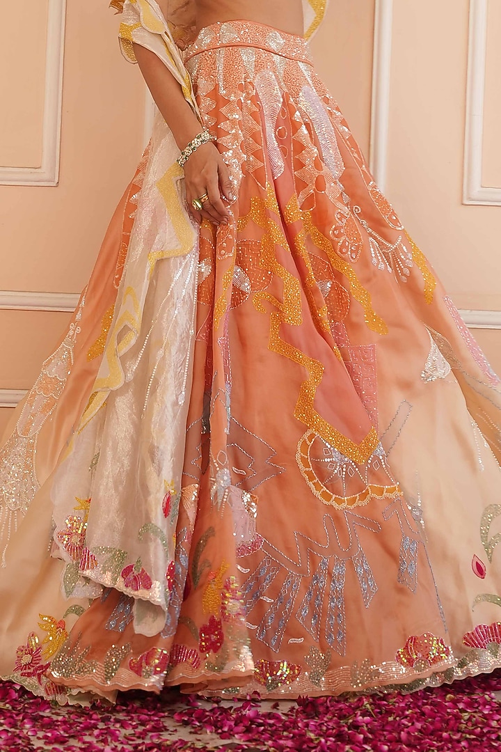Orange Shaded Satin Organza Hand Embroidered Bridal Lehenga Set by House of Armuse at Pernia's Pop Up Shop