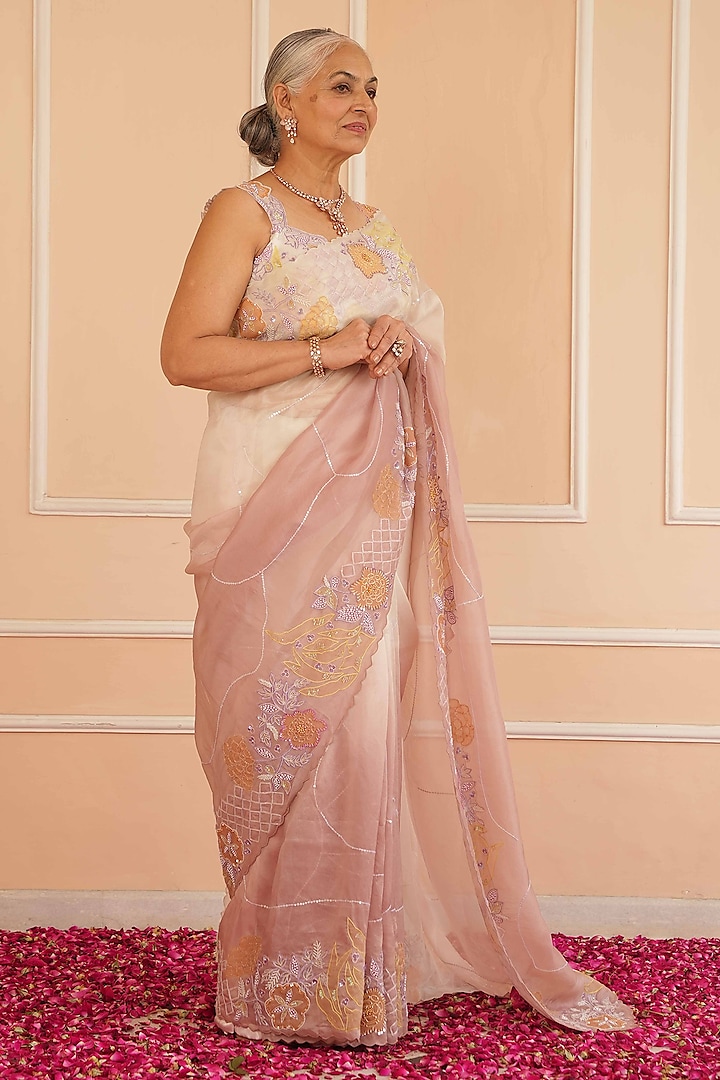 Ivory & Lavender Organza Embroidered Wedding Saree Set by House of Armuse at Pernia's Pop Up Shop