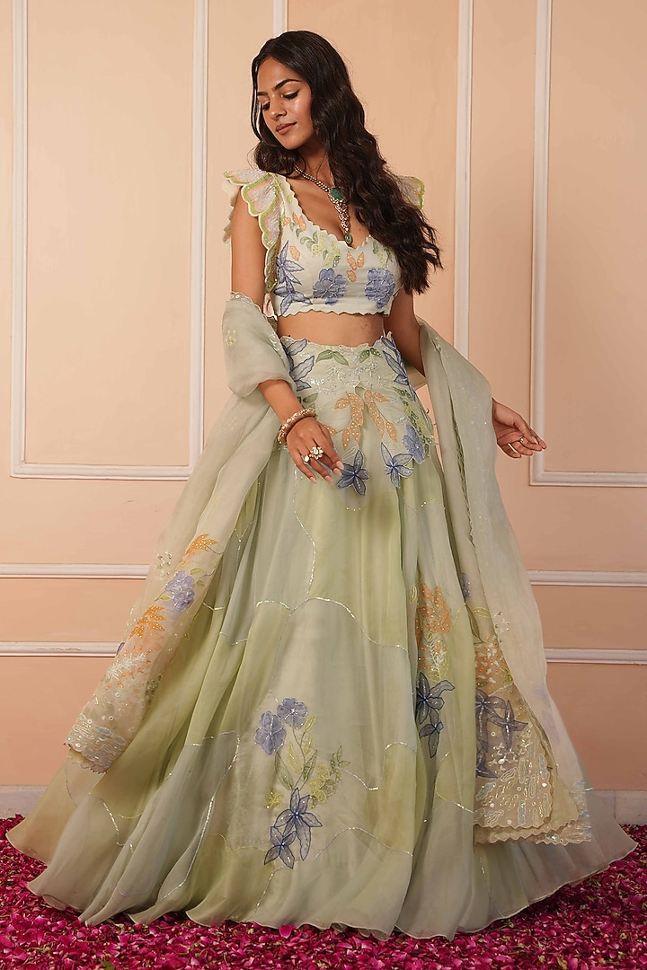Sage Green Organza Hand Painted Wedding Lehenga Set by House of Armuse at Pernia's Pop Up Shop