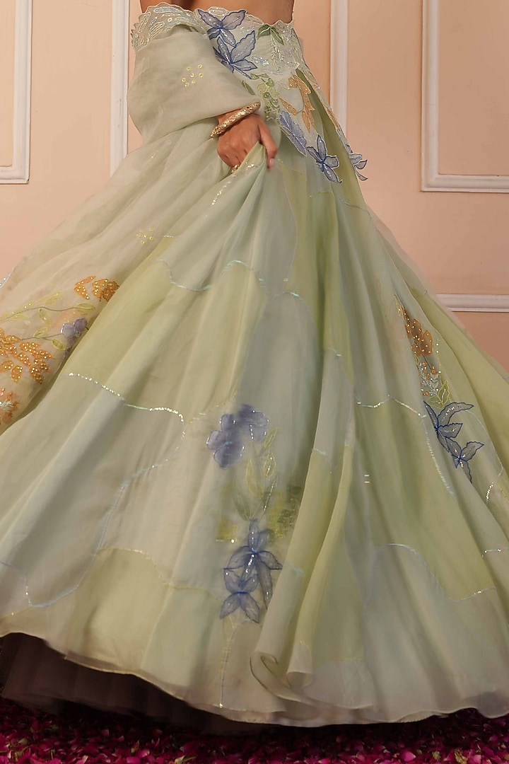 Sage Green Organza Hand Painted Wedding Lehenga Set by House of Armuse at Pernia's Pop Up Shop