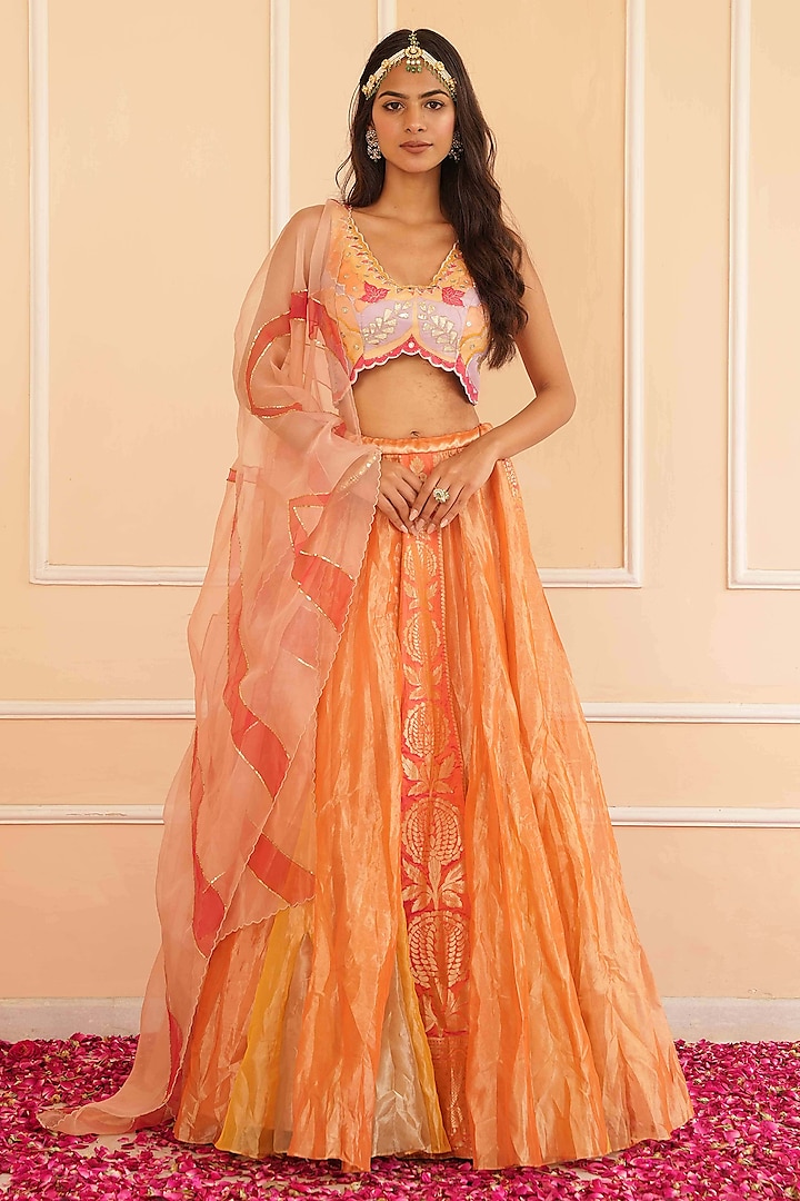 Rust Orange Tissue Embellished Wedding Lehenga Set by House of Armuse at Pernia's Pop Up Shop