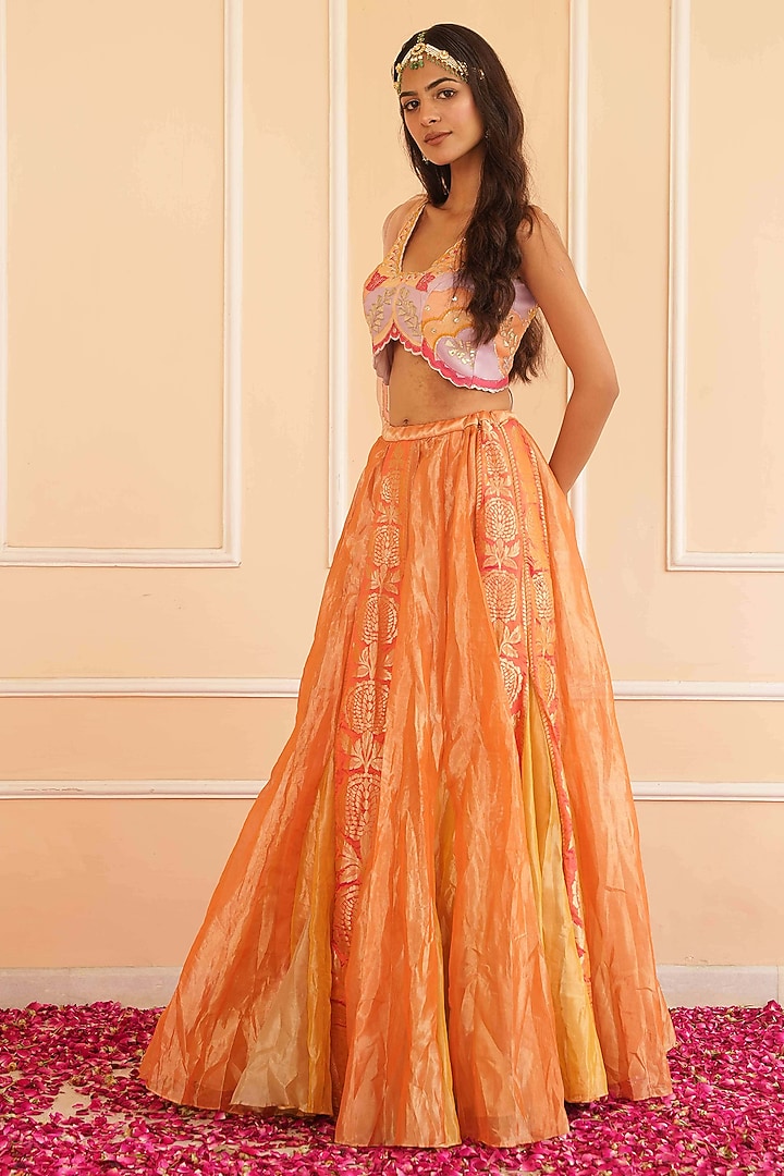 Rust Orange Tissue Embellished Wedding Lehenga Set by House of Armuse at Pernia's Pop Up Shop