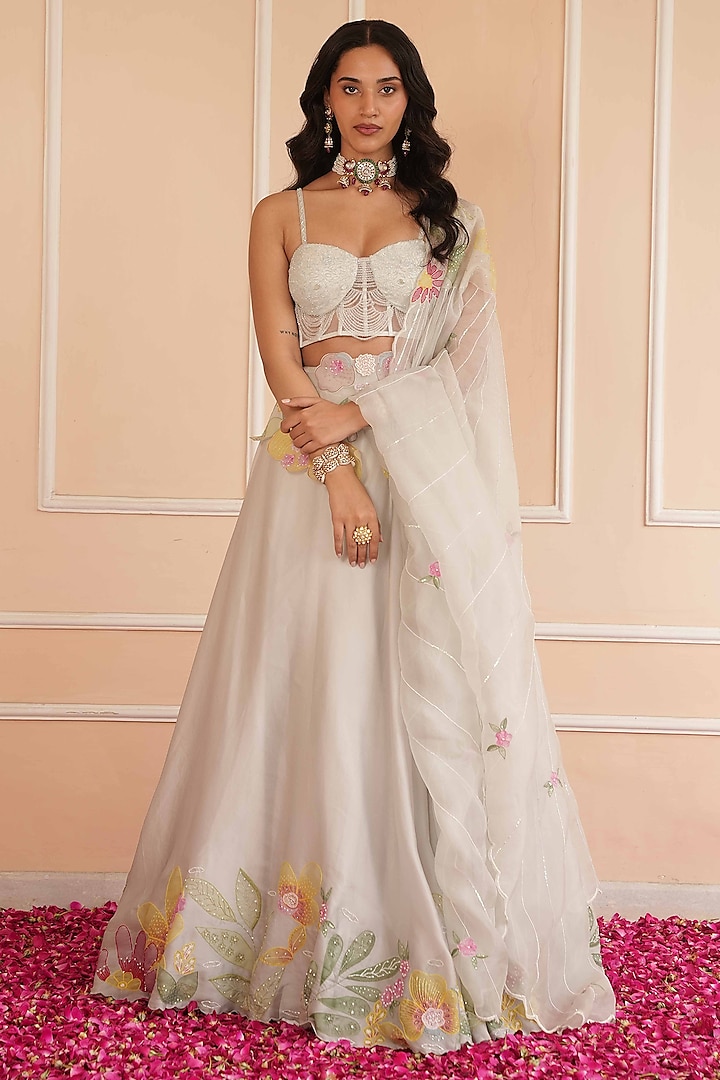 Ice Grey Satin Organza Hand Painted Bridal Lehenga Set by House of Armuse at Pernia's Pop Up Shop
