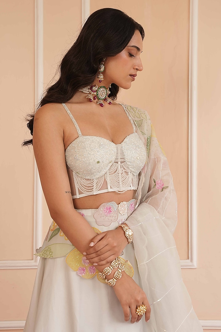 Ice Grey Satin Organza Hand Painted Bridal Lehenga Set by House of Armuse at Pernia's Pop Up Shop