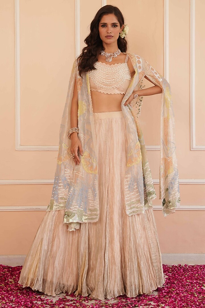 Silver & Beige Tissue Hand Embroidered Wedding Lehenga Set by House of Armuse at Pernia's Pop Up Shop