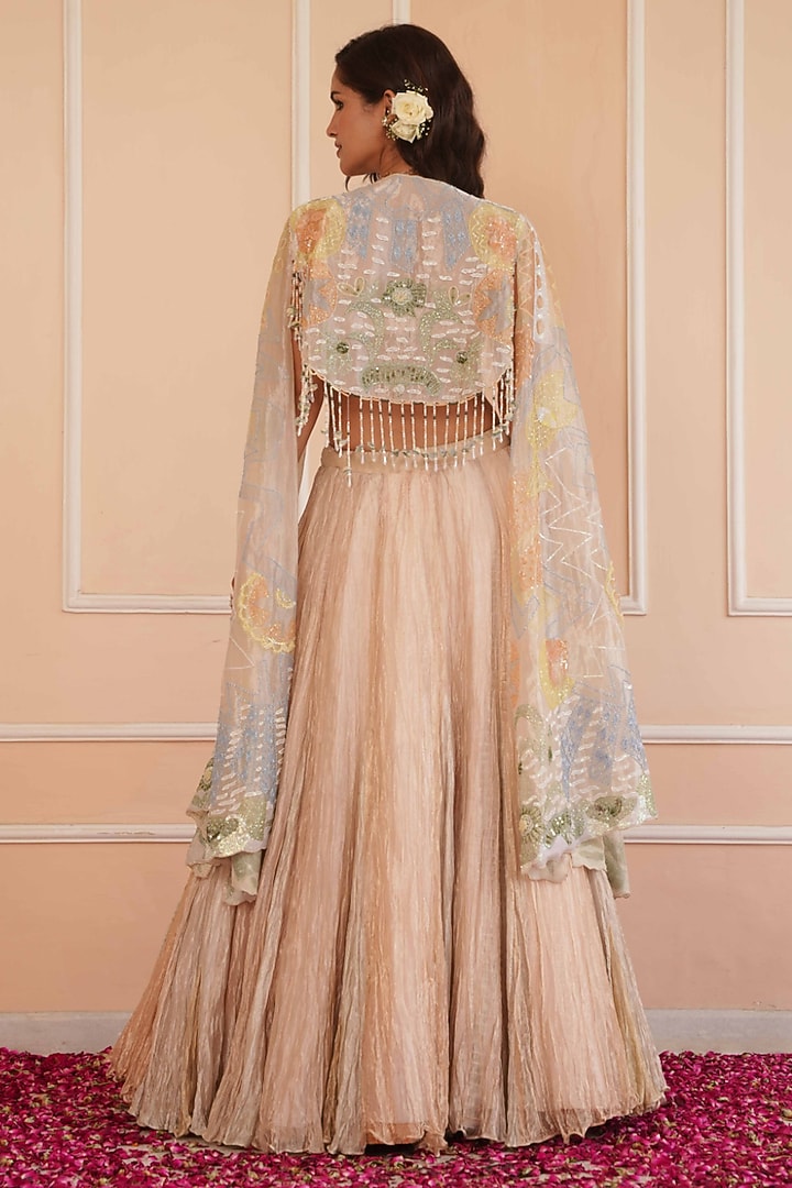 Silver & Beige Tissue Hand Embroidered Wedding Lehenga Set by House of Armuse at Pernia's Pop Up Shop