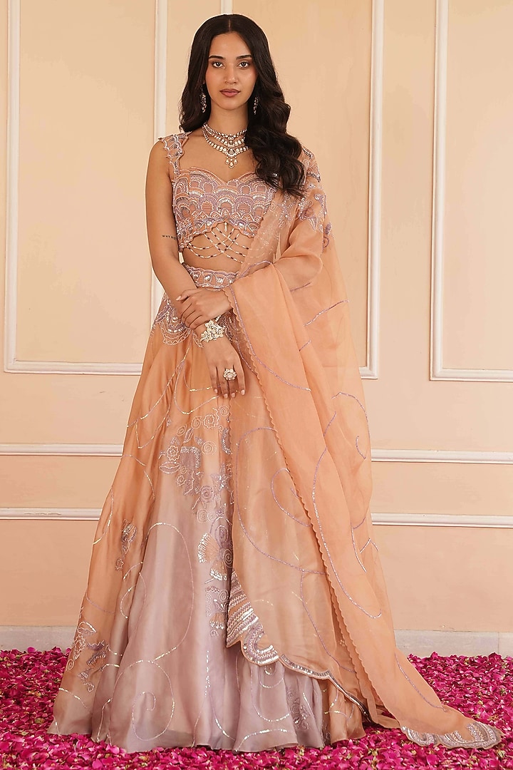 Orange & Lavender Satin Organza Embellished Bridal Lehenga Set by House of Armuse at Pernia's Pop Up Shop