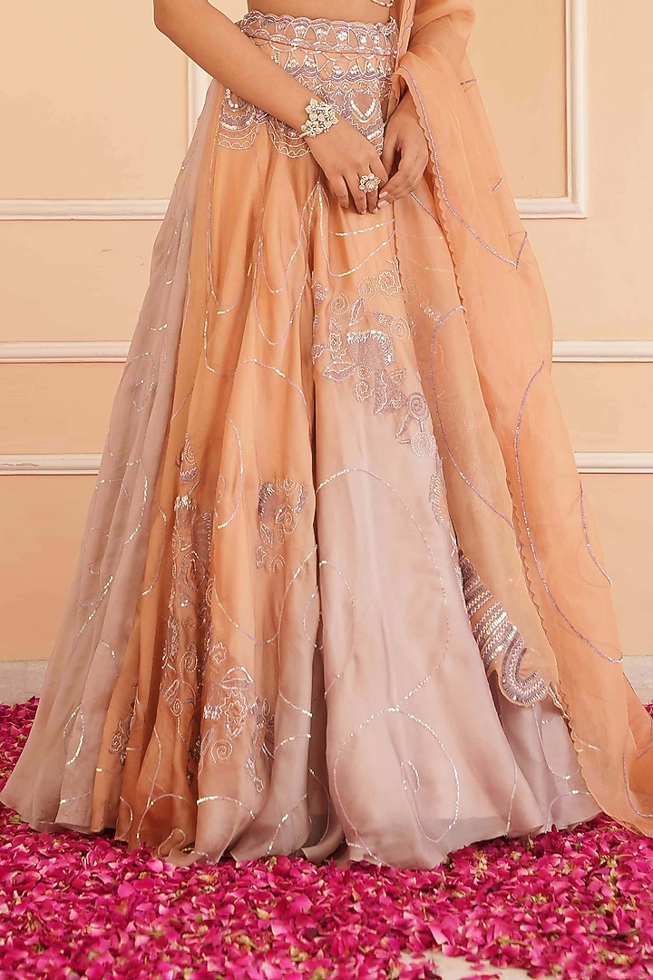 Orange & Lavender Satin Organza Embellished Bridal Lehenga Set by House of Armuse at Pernia's Pop Up Shop