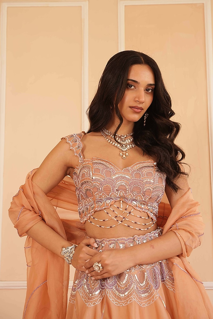 Orange & Lavender Satin Organza Embellished Bridal Lehenga Set by House of Armuse at Pernia's Pop Up Shop