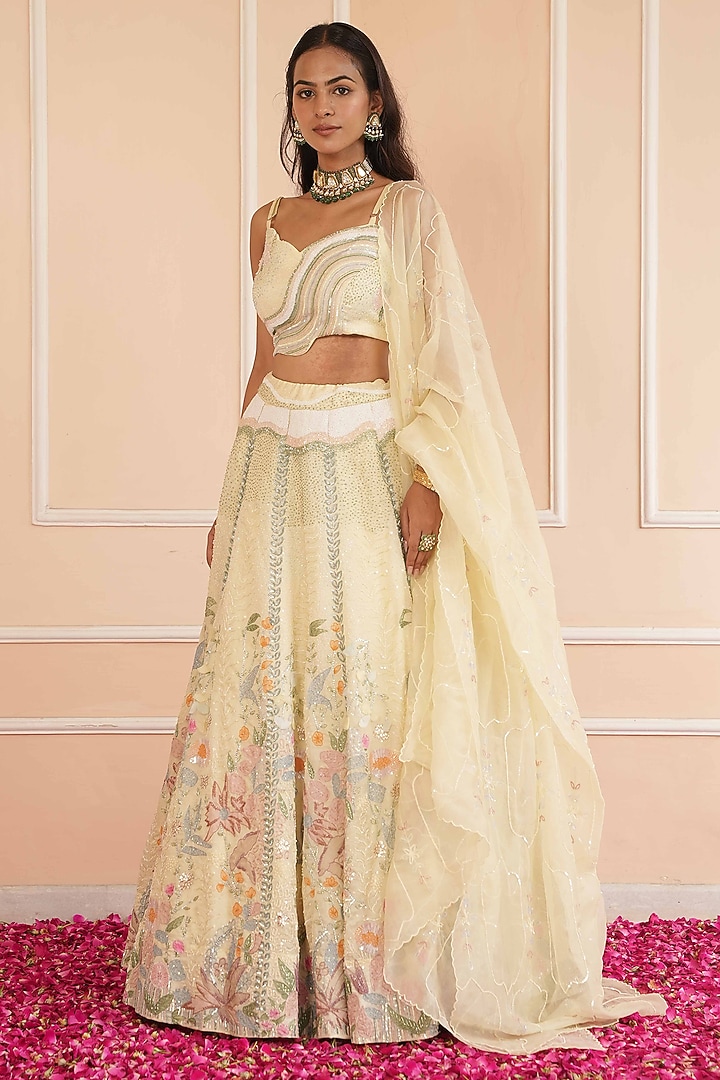 Lemon Yellow Satin Organza Embellished Bridal Lehenga Set by House of Armuse at Pernia's Pop Up Shop