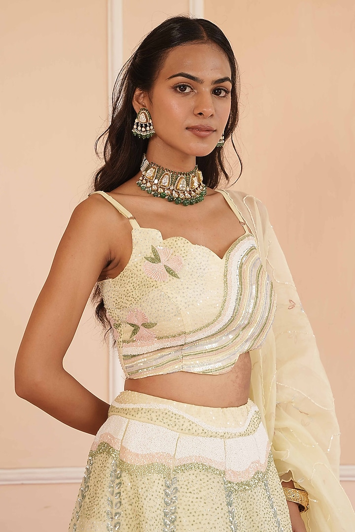Lemon Yellow Satin Organza Embellished Bridal Lehenga Set by House of Armuse at Pernia's Pop Up Shop