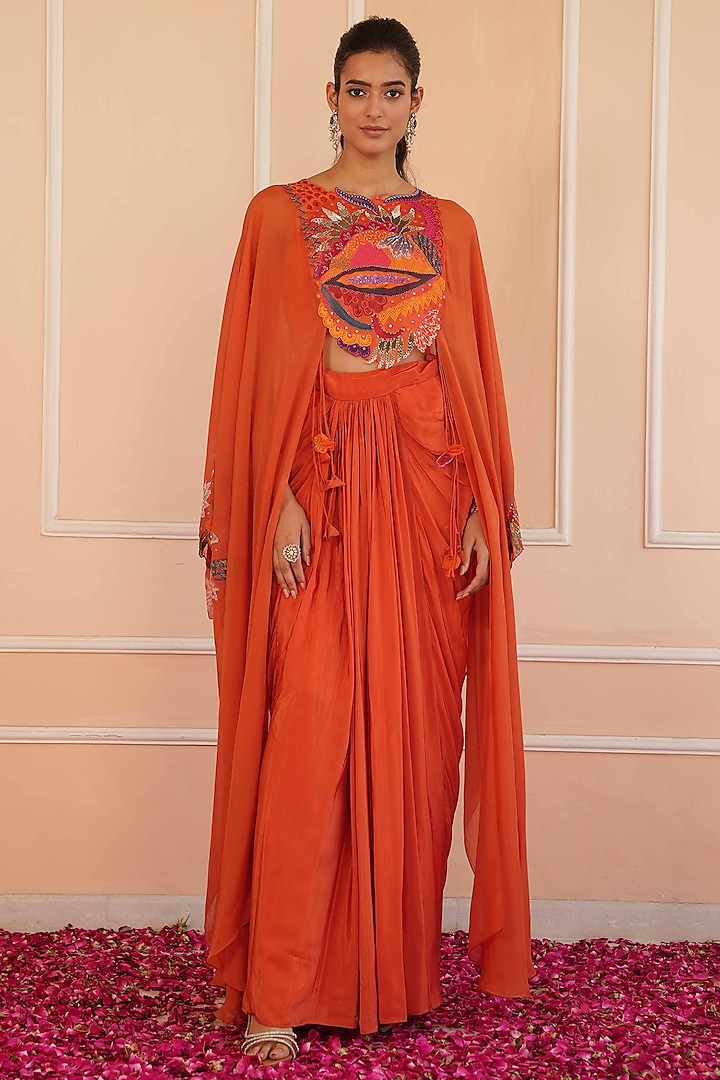 Orange Crepe Draped Skirt Set by House of Armuse at Pernia's Pop Up Shop