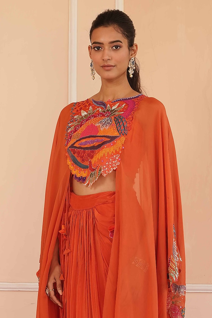 Orange Crepe Draped Skirt Set by House of Armuse at Pernia's Pop Up Shop