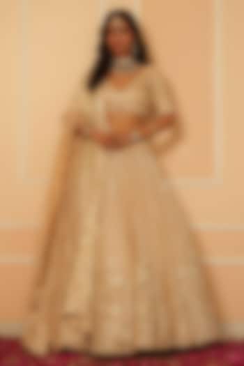 Cream Organza Zardosi Hand Embroidered Bridal Lehenga Set by House of Armuse at Pernia's Pop Up Shop