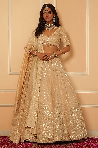 Cream Organza Zardosi Hand Embroidered Lehenga Set by House of Armuse