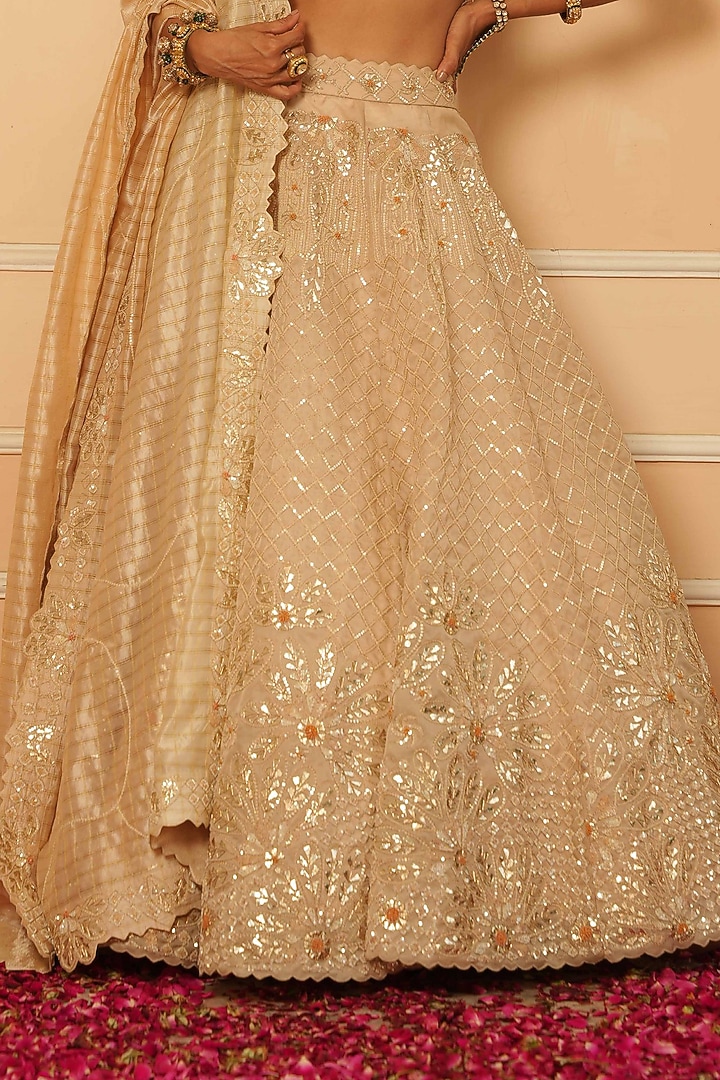 Cream Organza Zardosi Hand Embroidered Bridal Lehenga Set by House of Armuse at Pernia's Pop Up Shop
