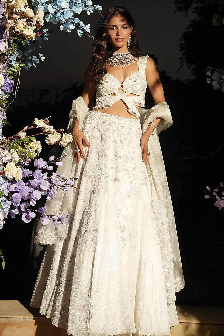 Ivory Organza Hand Embroidered Bridal Lehenga Set by House of Armuse at Pernia's Pop Up Shop