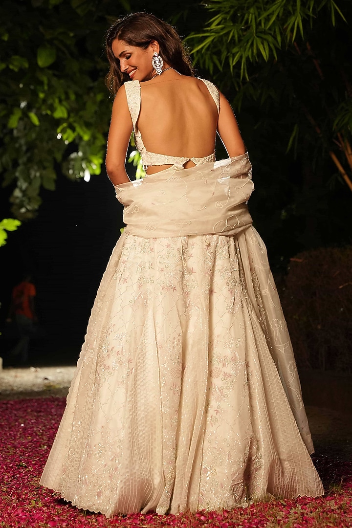 Ivory Organza Hand Embroidered Bridal Lehenga Set by House of Armuse at Pernia's Pop Up Shop