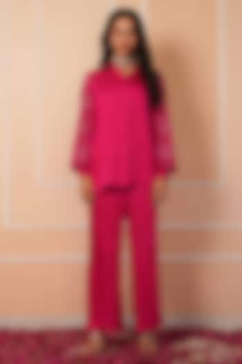 Hot Pink Linen Silk Cutdana Embroidered Co-Ord Set by House of Armuse at Pernia's Pop Up Shop