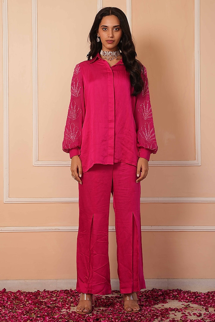 Hot Pink Linen Silk Cutdana Embroidered Co-Ord Set by House of Armuse at Pernia's Pop Up Shop
