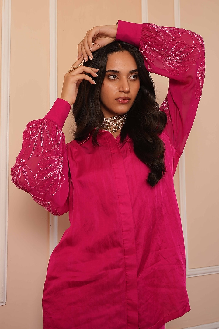 Hot Pink Linen Silk Cutdana Embroidered Co-Ord Set by House of Armuse at Pernia's Pop Up Shop