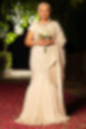Ivory Shimmer Silk Hand Embroidered Pre-Draped Reception Saree Set by House of Armuse at Pernia's Pop Up Shop