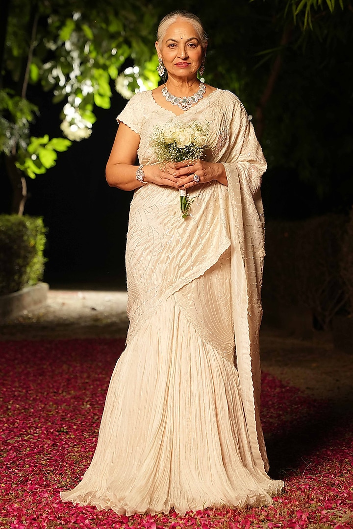 Ivory Shimmer Silk Hand Embroidered Pre-Draped Reception Saree Set by House of Armuse at Pernia's Pop Up Shop