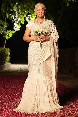 Ivory Shimmer Silk Hand Embroidered Pre-Draped Saree Set by House of Armuse