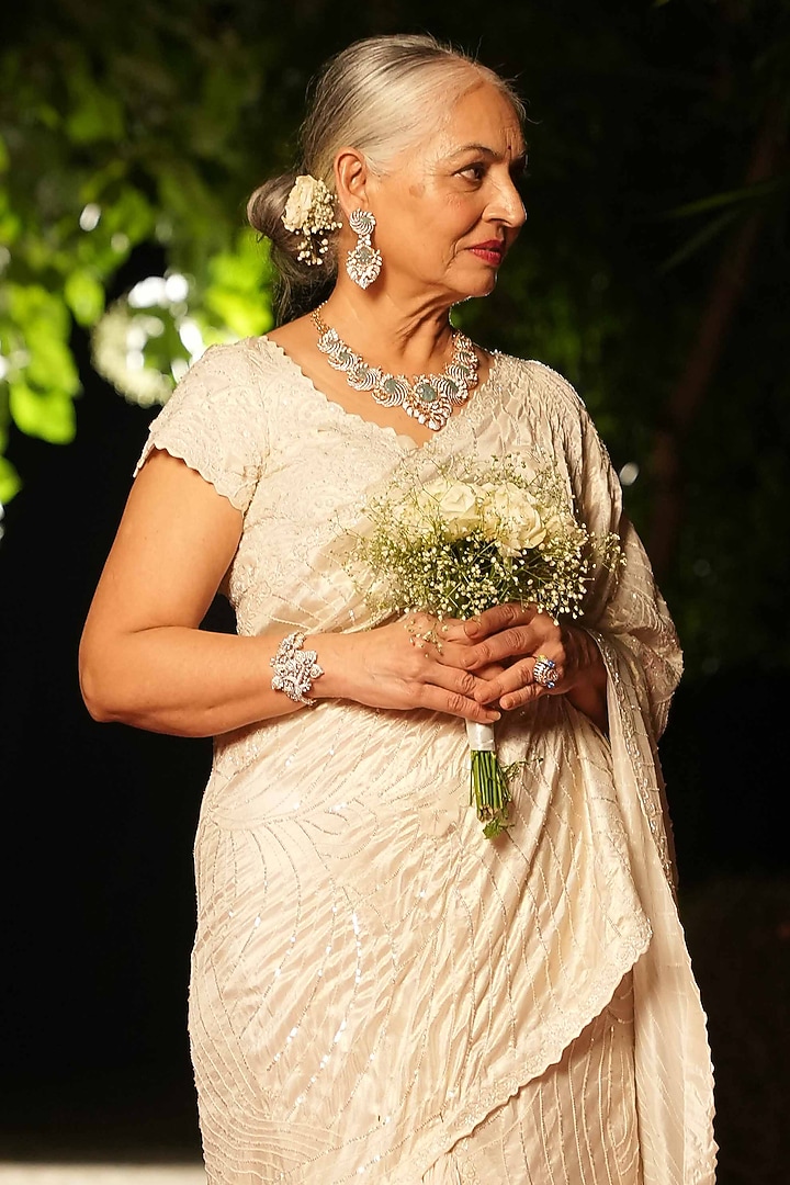 Ivory Shimmer Silk Hand Embroidered Pre-Draped Reception Saree Set by House of Armuse at Pernia's Pop Up Shop
