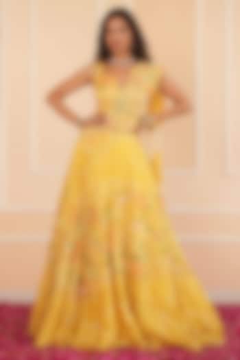 Mustard Satin Organza Hand Embroidered Bridal Lehenga Set by House of Armuse at Pernia's Pop Up Shop