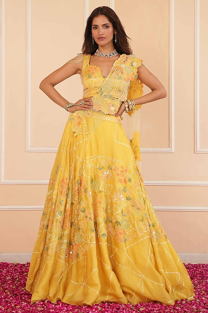 Mustard Satin Organza Hand Embroidered Bridal Lehenga Set by House of Armuse at Pernia's Pop Up Shop