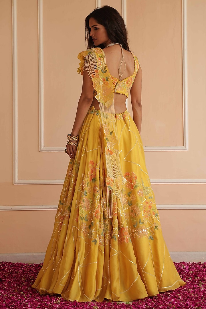 Mustard Satin Organza Hand Embroidered Bridal Lehenga Set by House of Armuse at Pernia's Pop Up Shop