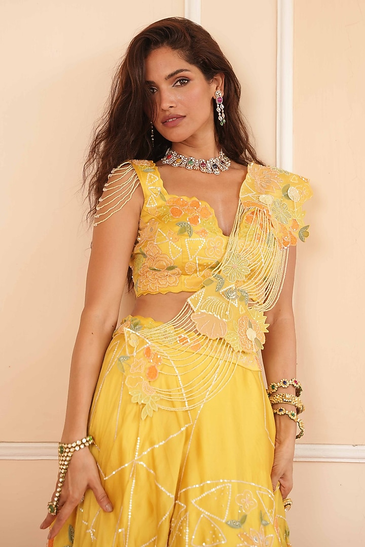 Mustard Satin Organza Hand Embroidered Bridal Lehenga Set by House of Armuse at Pernia's Pop Up Shop