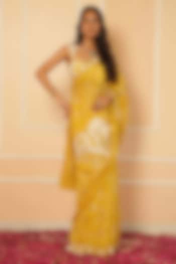 Yellow Chiffon Hand Embroidered Wedding Saree Set by House of Armuse at Pernia's Pop Up Shop