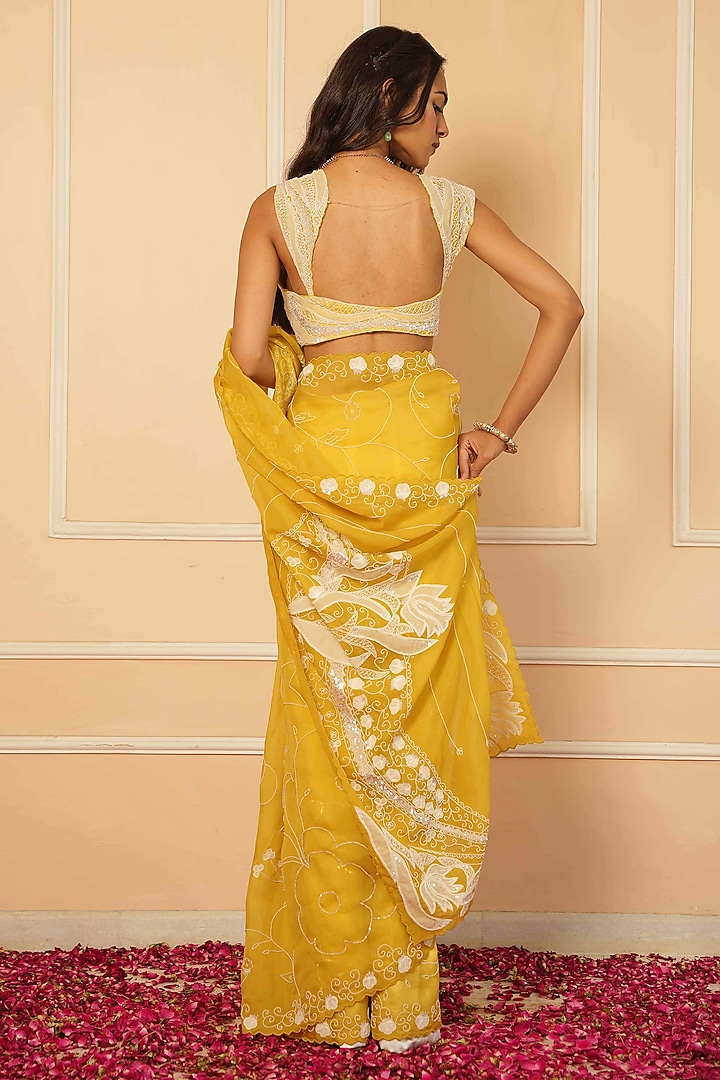 Yellow Chiffon Hand Embroidered Wedding Saree Set by House of Armuse at Pernia's Pop Up Shop