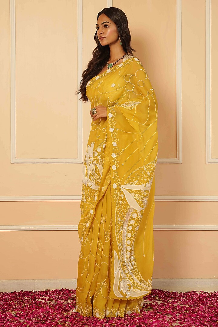 Yellow Chiffon Hand Embroidered Wedding Saree Set by House of Armuse at Pernia's Pop Up Shop